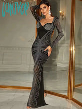 Lunivop Top Quality Women Luxury Sexy Long Sleeve Diamonds Black Maxi Gowns Celebrity Elegant